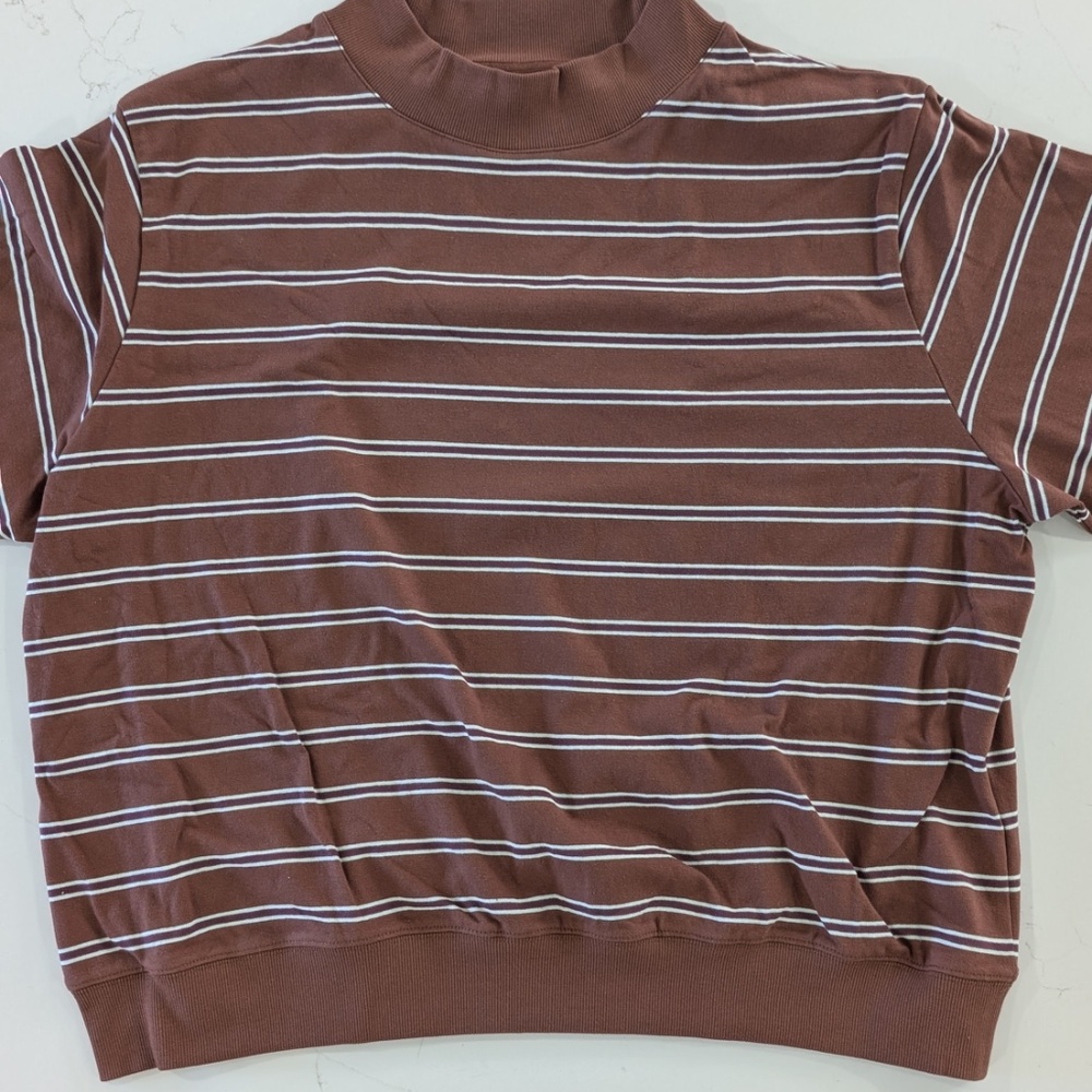 PARKE Striped Mockneck Pullover Women L/XL Mocha Brown Tonal Stripe Cotton NWT - Picture 3 of 13